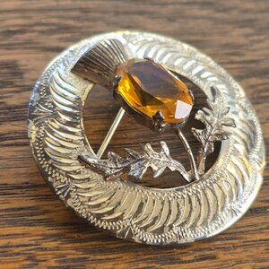 Antique 1917 Ward Brothers 925 Silver Thistle brooch w/ faceted citrine stone